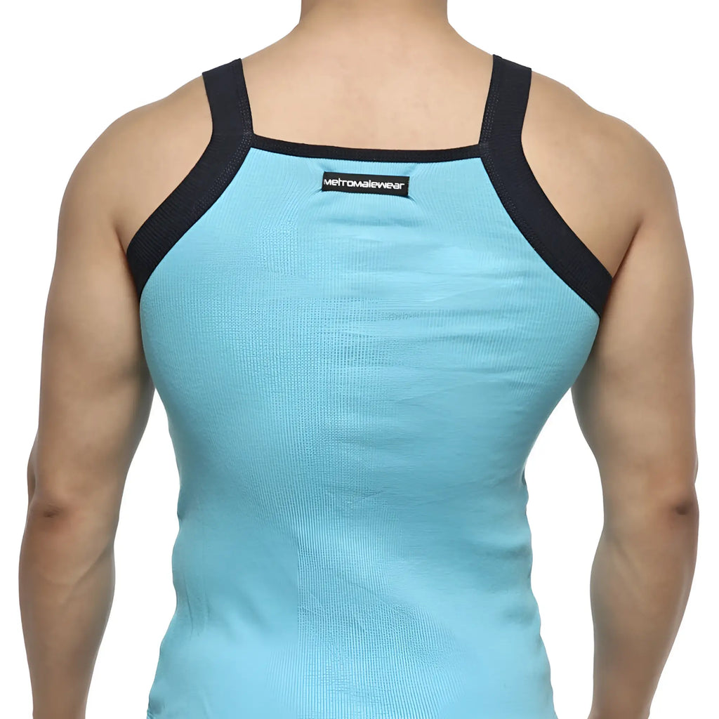 Back view of metro male wear turquoise ribbed tank top with black mesh shoulder straps and small brand label