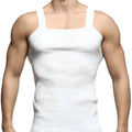 White ribbed cotton tank top with square neckline and wide shoulder straps from MetroMaleWear model 3125-00