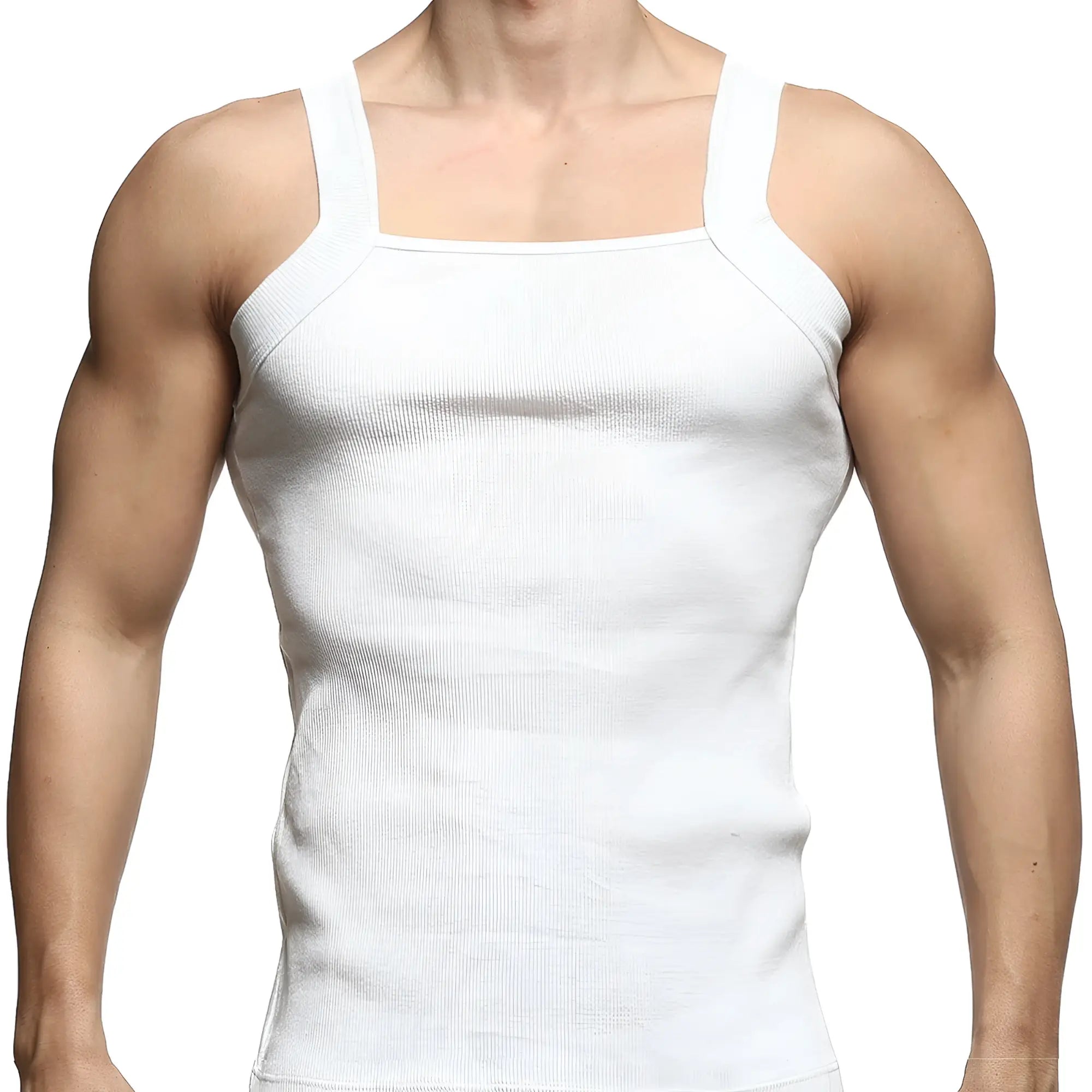 White ribbed cotton tank top with square neckline and wide shoulder straps from MetroMaleWear model 3125-00