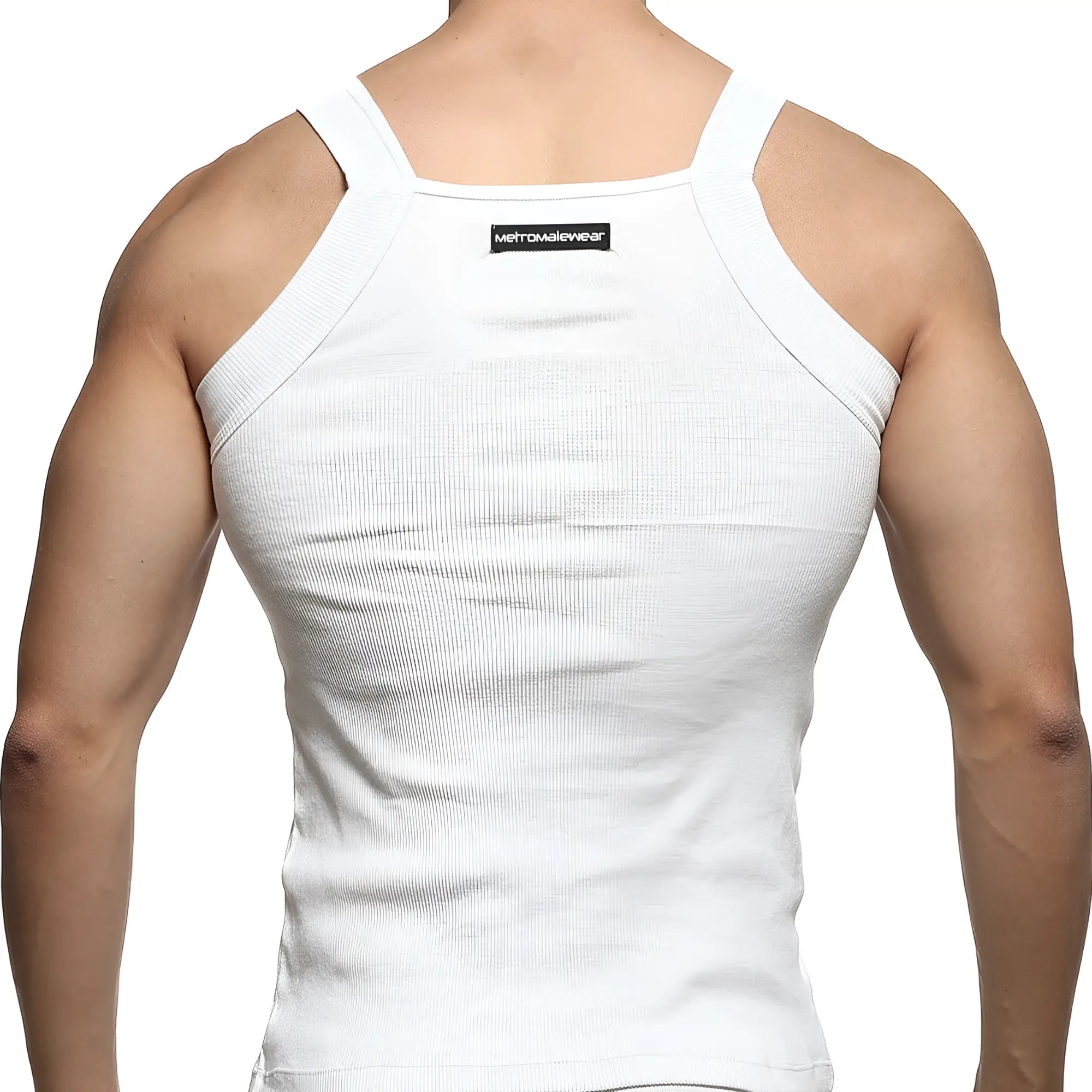 White ribbed square cut tank top with thin shoulder straps and black metromalewear label on the back
