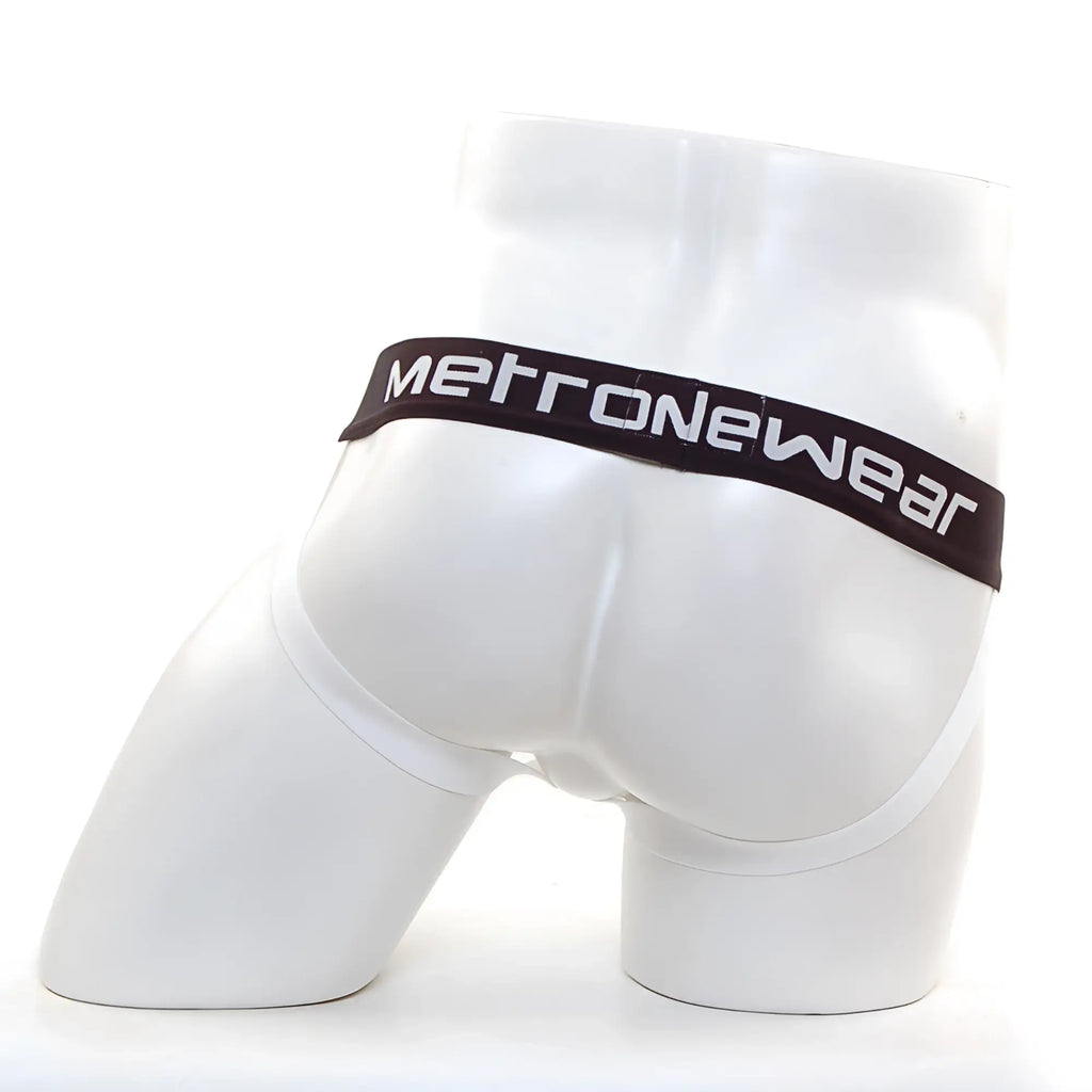 White metronewear briefs with black waistband and white lettering from MetroMaleWear star jock strap ivory 3001-37