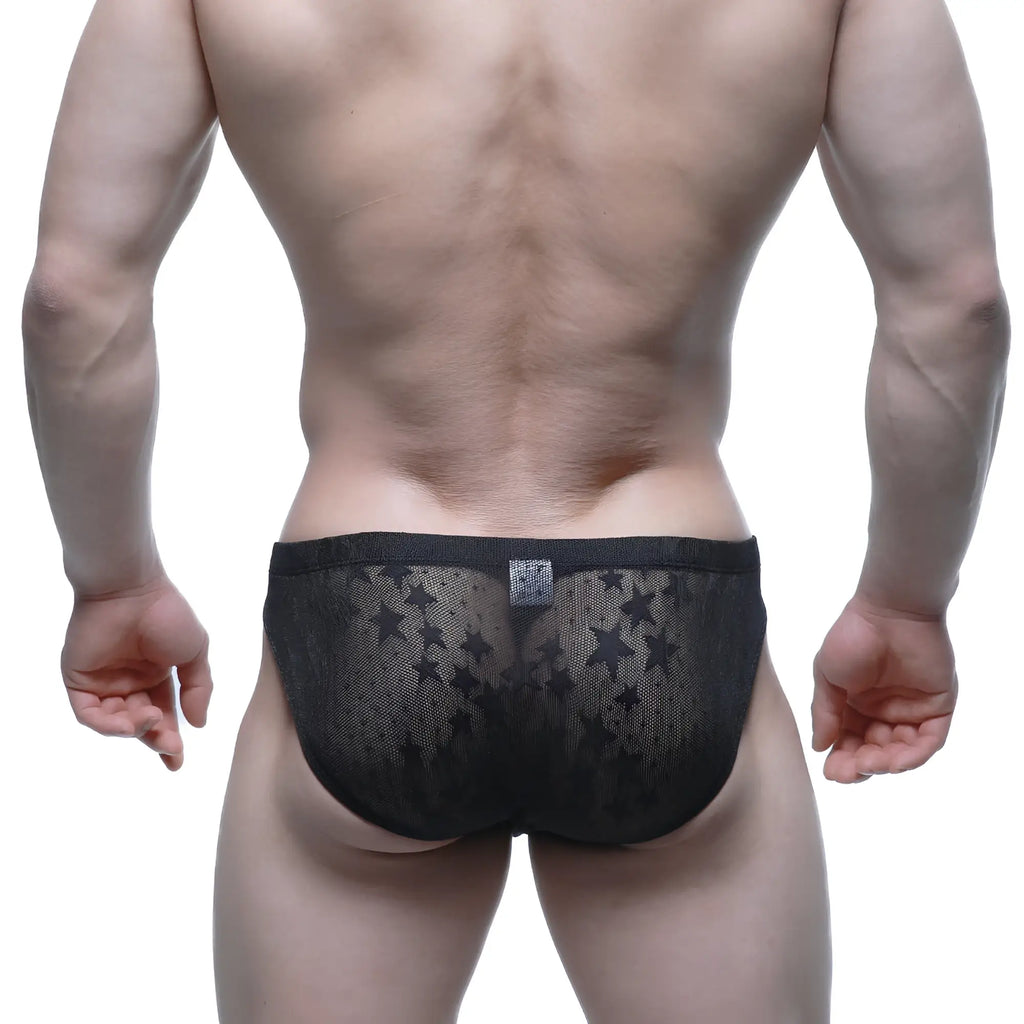 MetroMaleWear stardust bikini black 5103-M51 black star-patterned mesh briefs front view