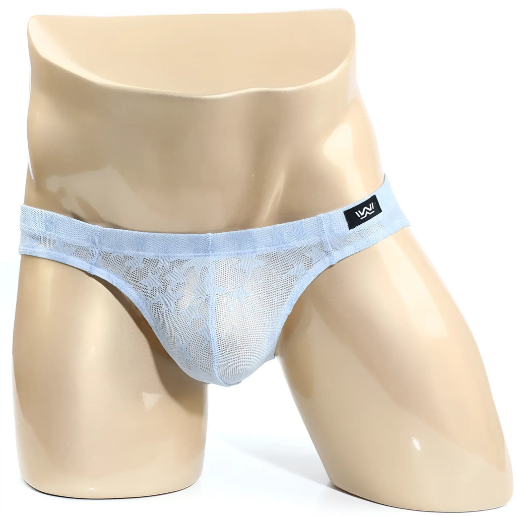 Light blue mesh stardust bikini briefs with lace trim and black MetroMaleWear brand tag for men