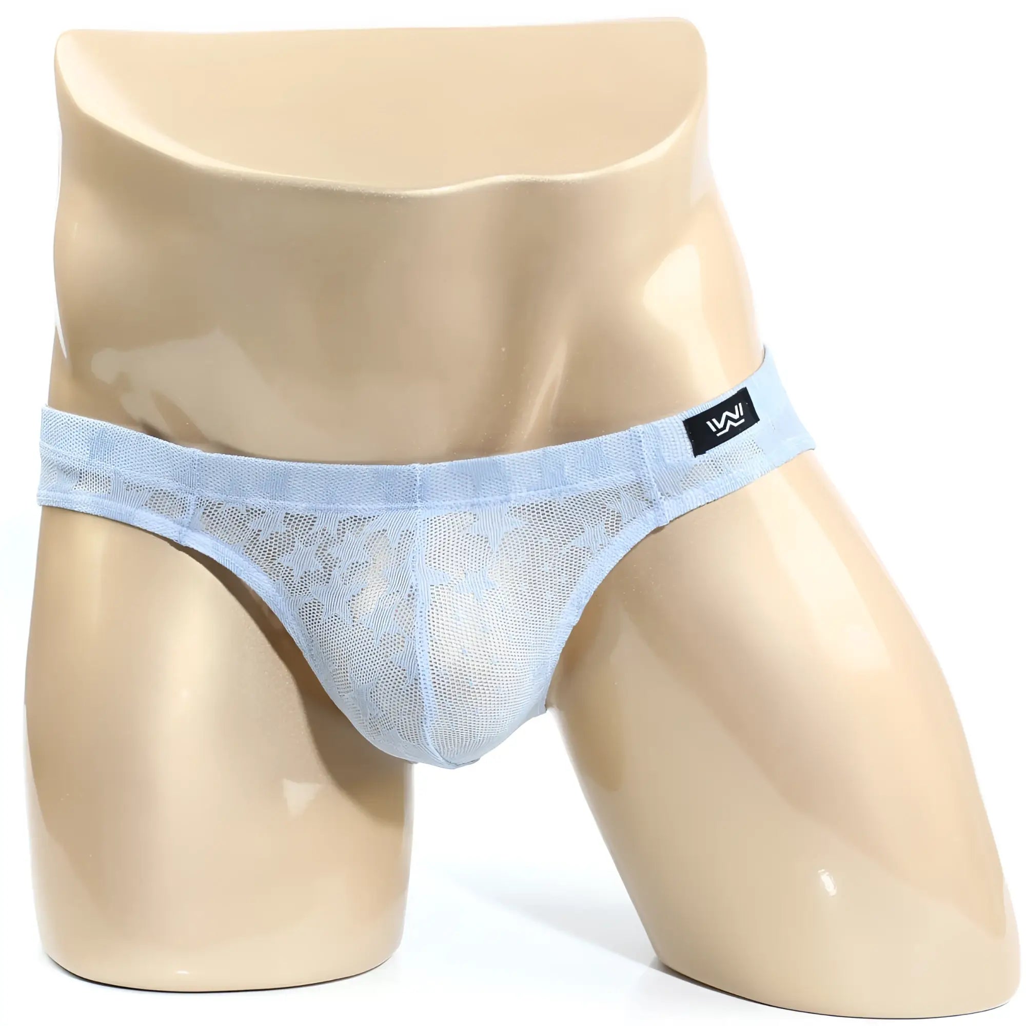 Light blue mesh stardust bikini briefs with lace trim and black MetroMaleWear brand tag for men