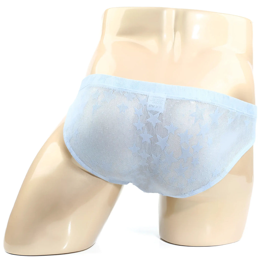 Light blue sheer lace briefs with a delicate star pattern and elastic waistband from metromalewear stardust bikini