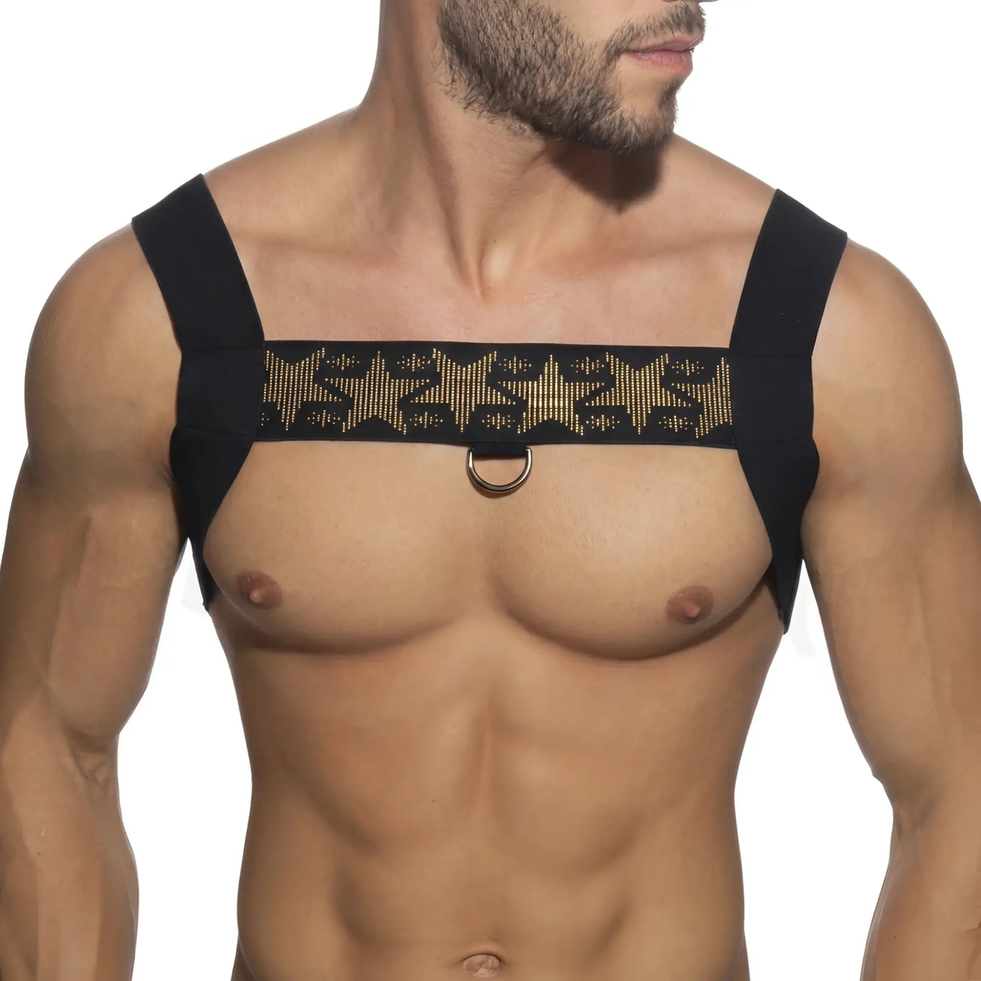 Black shoulder harness by metromalewear with gold embossed star pattern and central metal ring