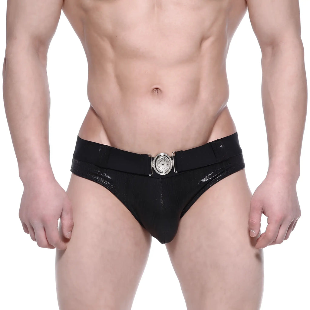 Metromalewear stars swim brief black in patent leather with a silver toned circular buckle