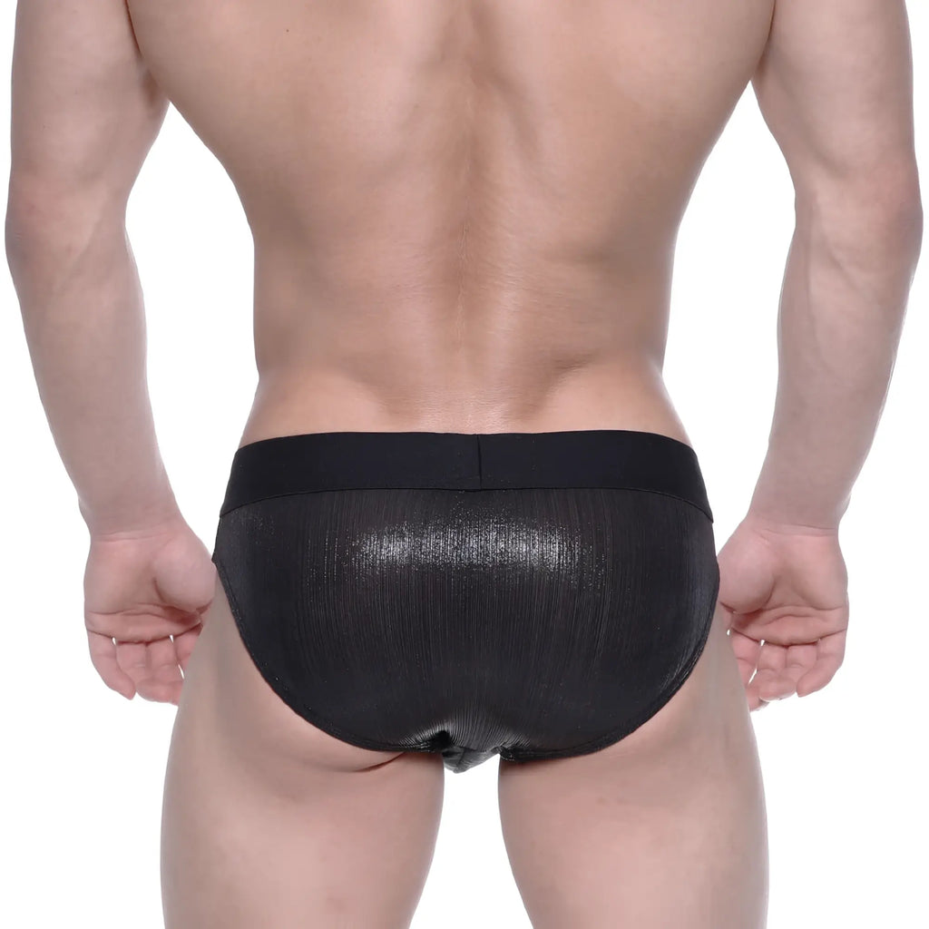 MetroMaleWear STARS black swim brief with shiny ribbed mesh fabric and elastic waistband for comfortable fit