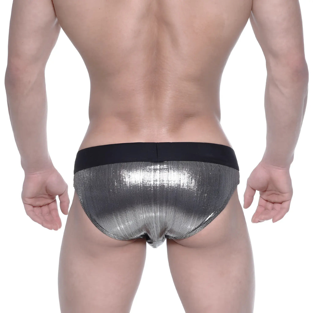 Shiny silver metallic swim briefs with black elastic waistband by MetroMaleWear STARS model 4946-33