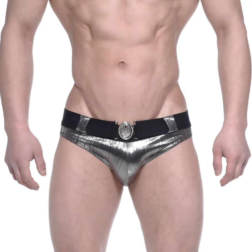 MetroMaleWear STARS swim brief silver shiny metallic with black elastic waistband and ornate circular buckle