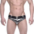 MetroMaleWear STARS swim brief silver shiny metallic with black elastic waistband and ornate circular buckle
