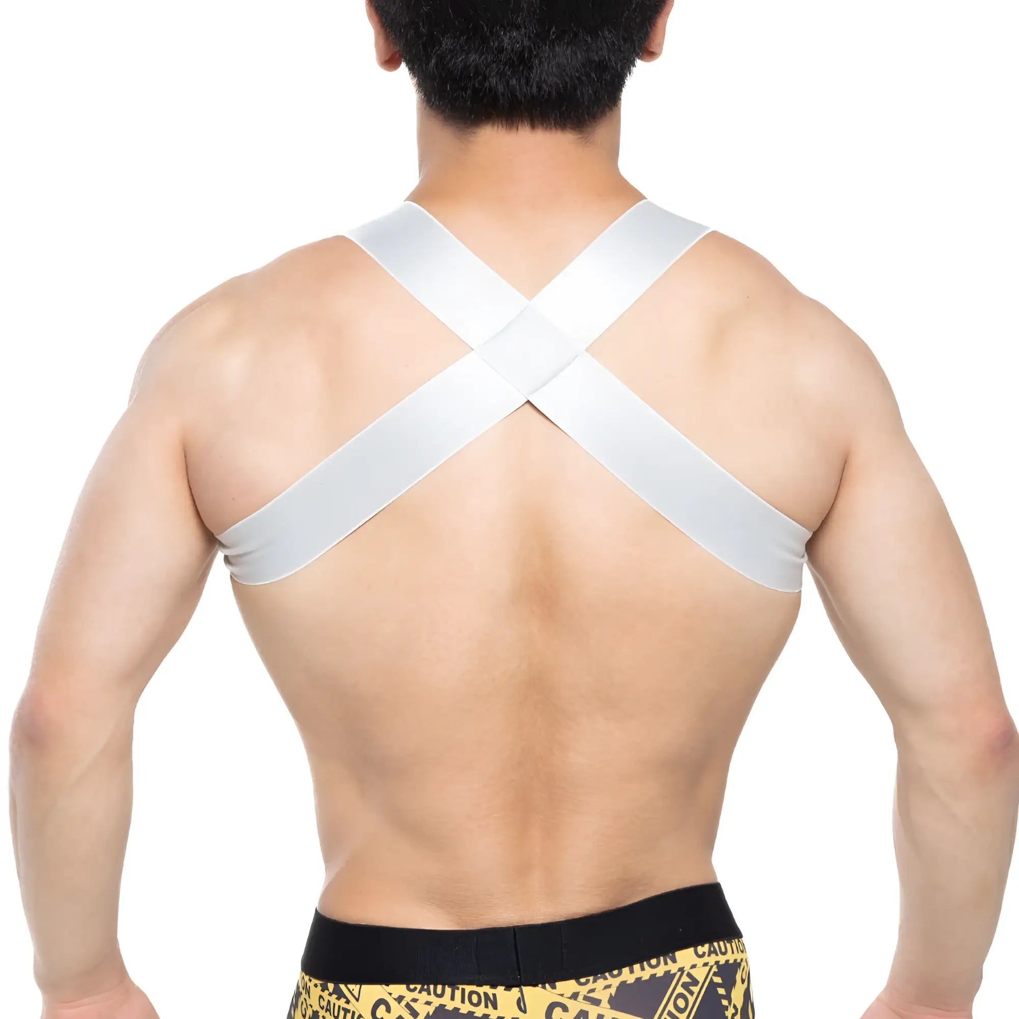 Metro male wear steel harness 1400-10 white cross back support strap shown from the back side