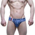 MetroMaleWear Stella hip brief 5123-90 blue star patterned men’s briefs with red and white striped side panel