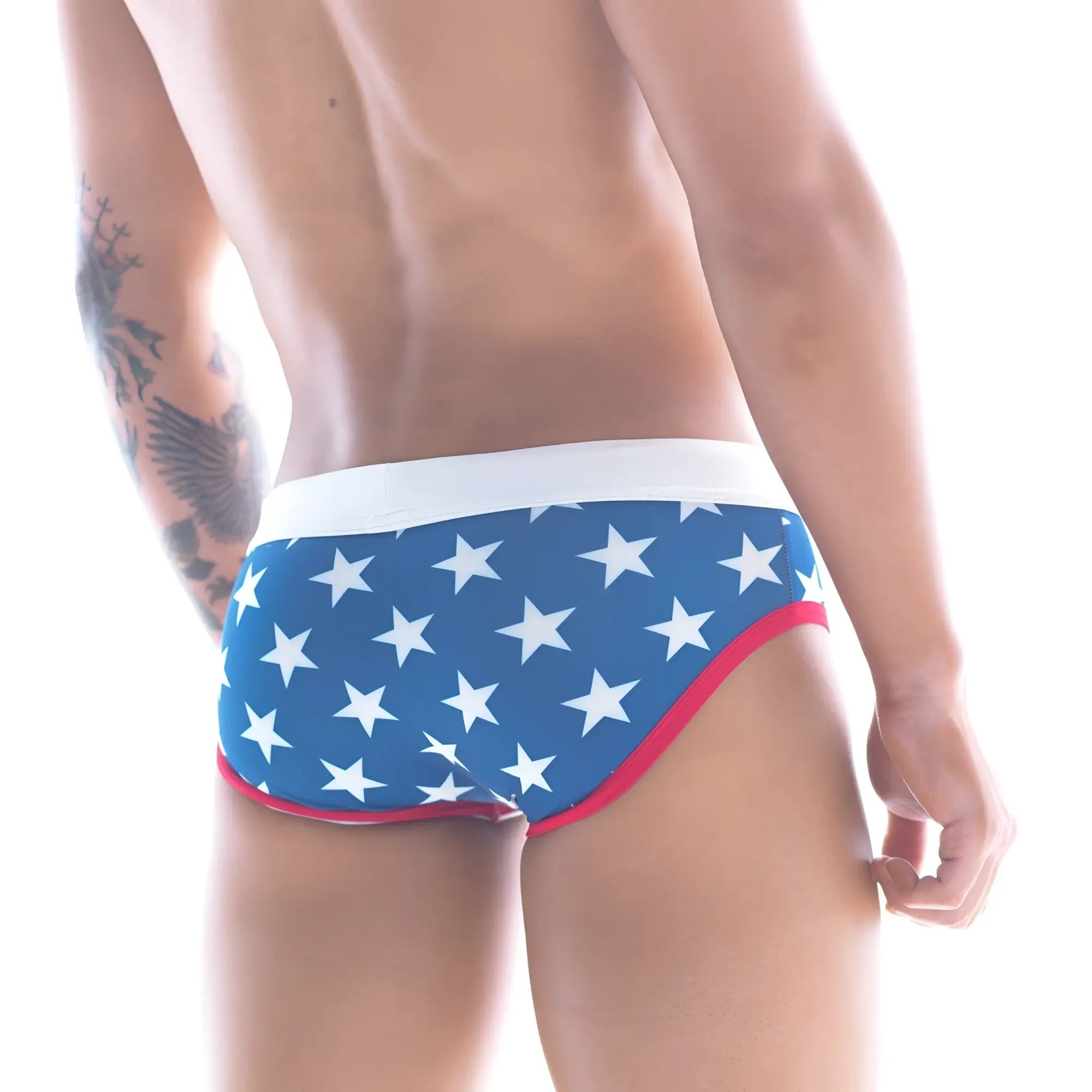 MetroMaleWear Stella swim brief 4916-92 blue with white stars and red trim designed for swimming and beachwear