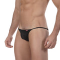 Metro malewear strap bikini black mesh thong with a red logo on the sideband showing the back side
