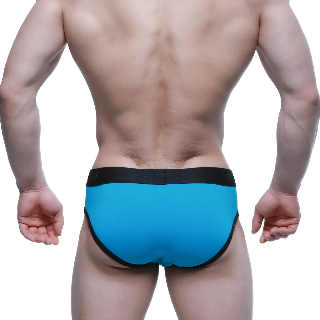 Bright blue metro male wear strike brief with black elastic waistband and trim designed for comfortable support