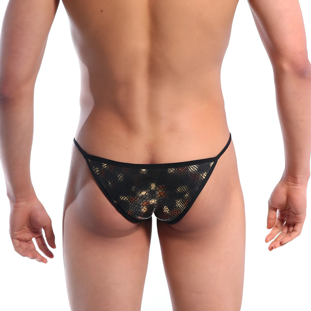 Black mesh thong string bikini with subtle gold and brown pattern by metromalewear model dragon 2005-42