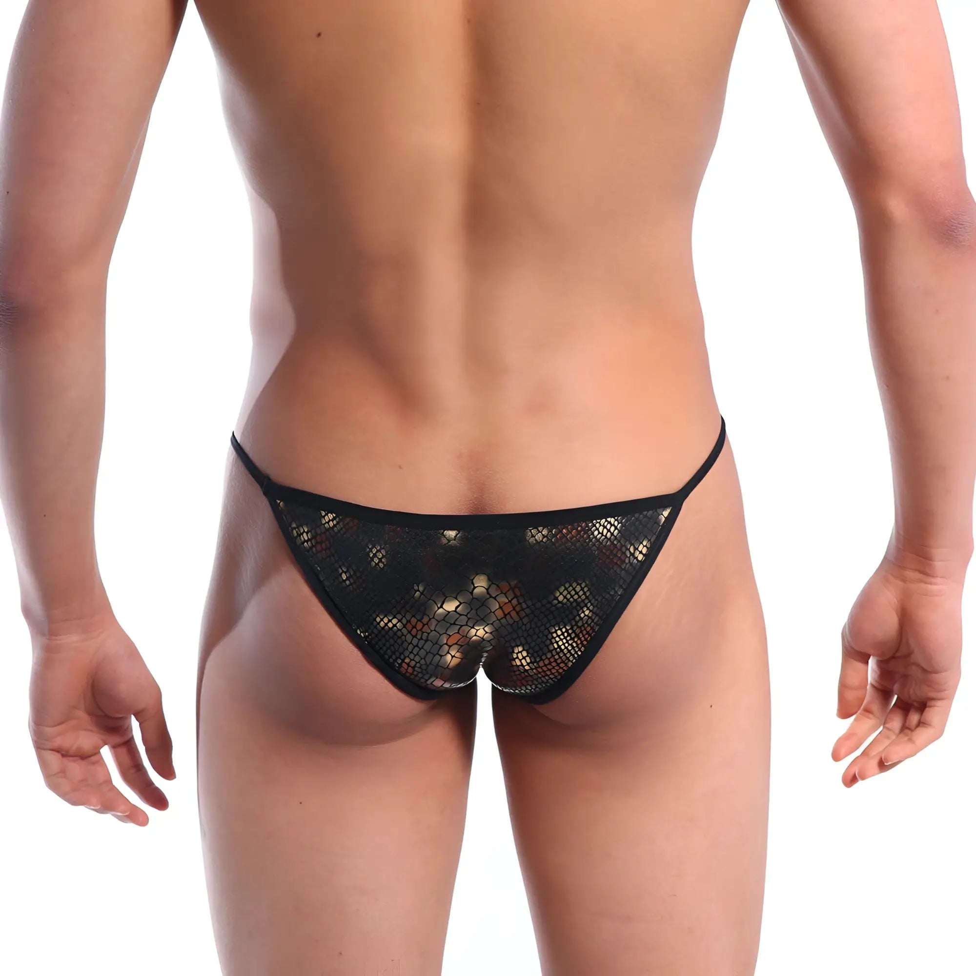 Black mesh thong string bikini with subtle gold and brown pattern by metromalewear model dragon 2005-42