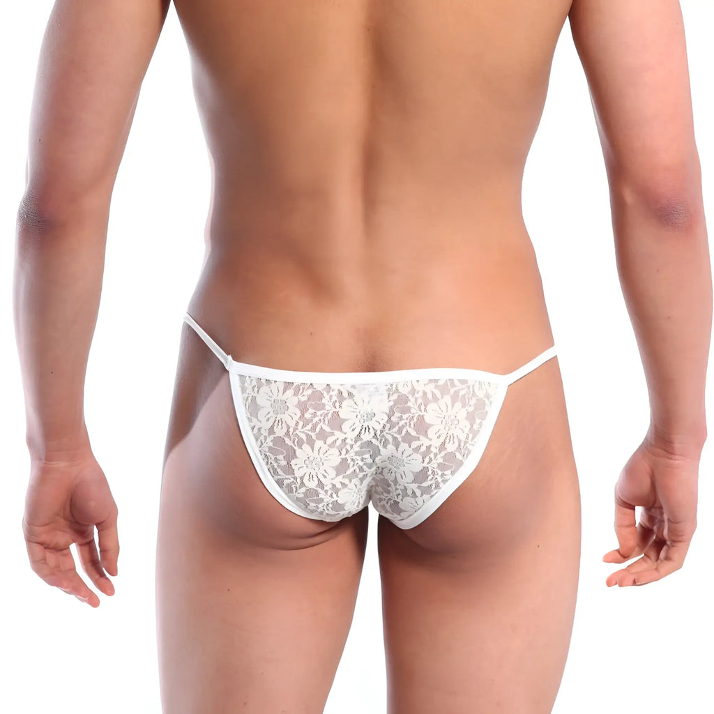 White floral lace thong string bikini in nude by metromalewear showcasing delicate lace material and stylish design
