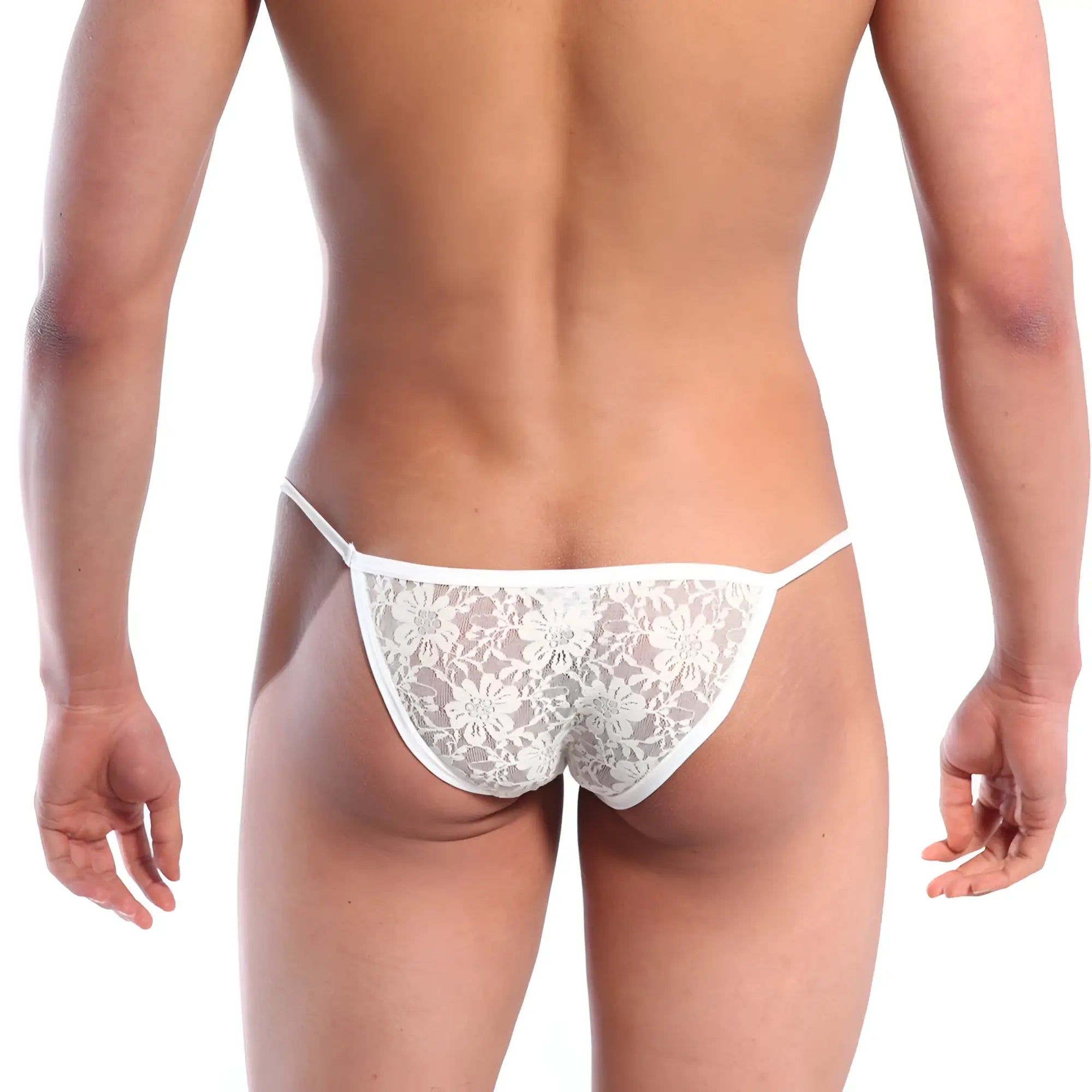 White floral lace thong string bikini in nude by metromalewear showcasing delicate lace material and stylish design