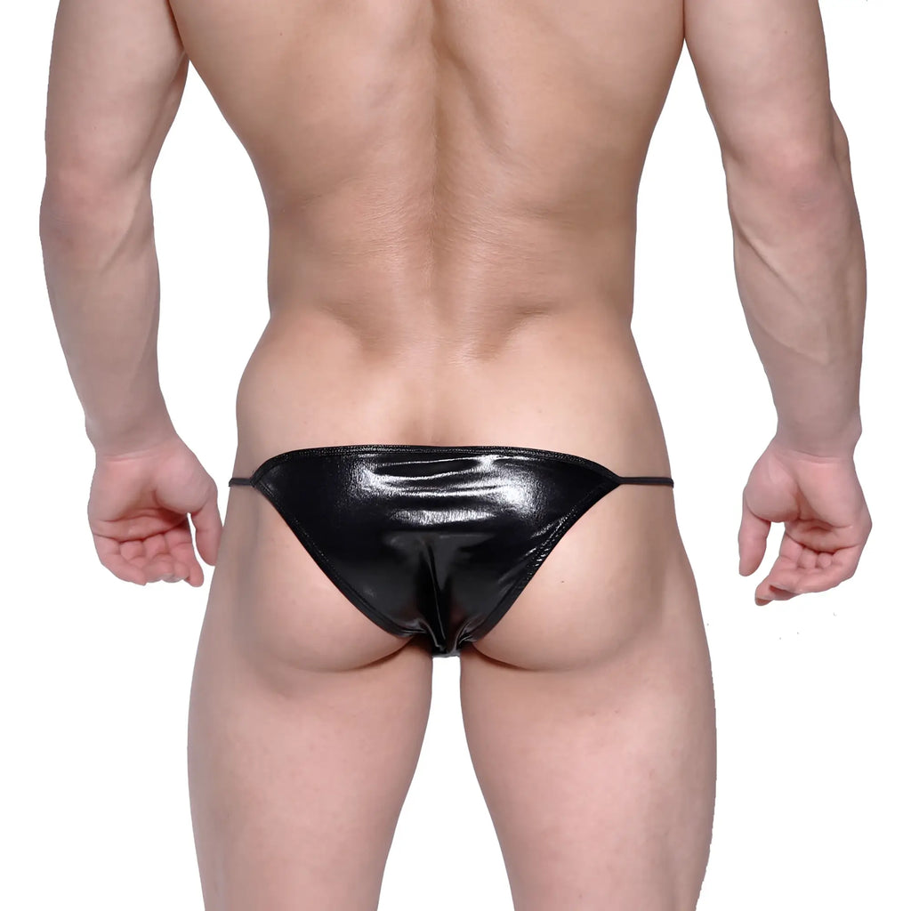 Black shiny patent leather thong with thin side ties from MetroMaleWear string bikini metal black 2005-30 collection