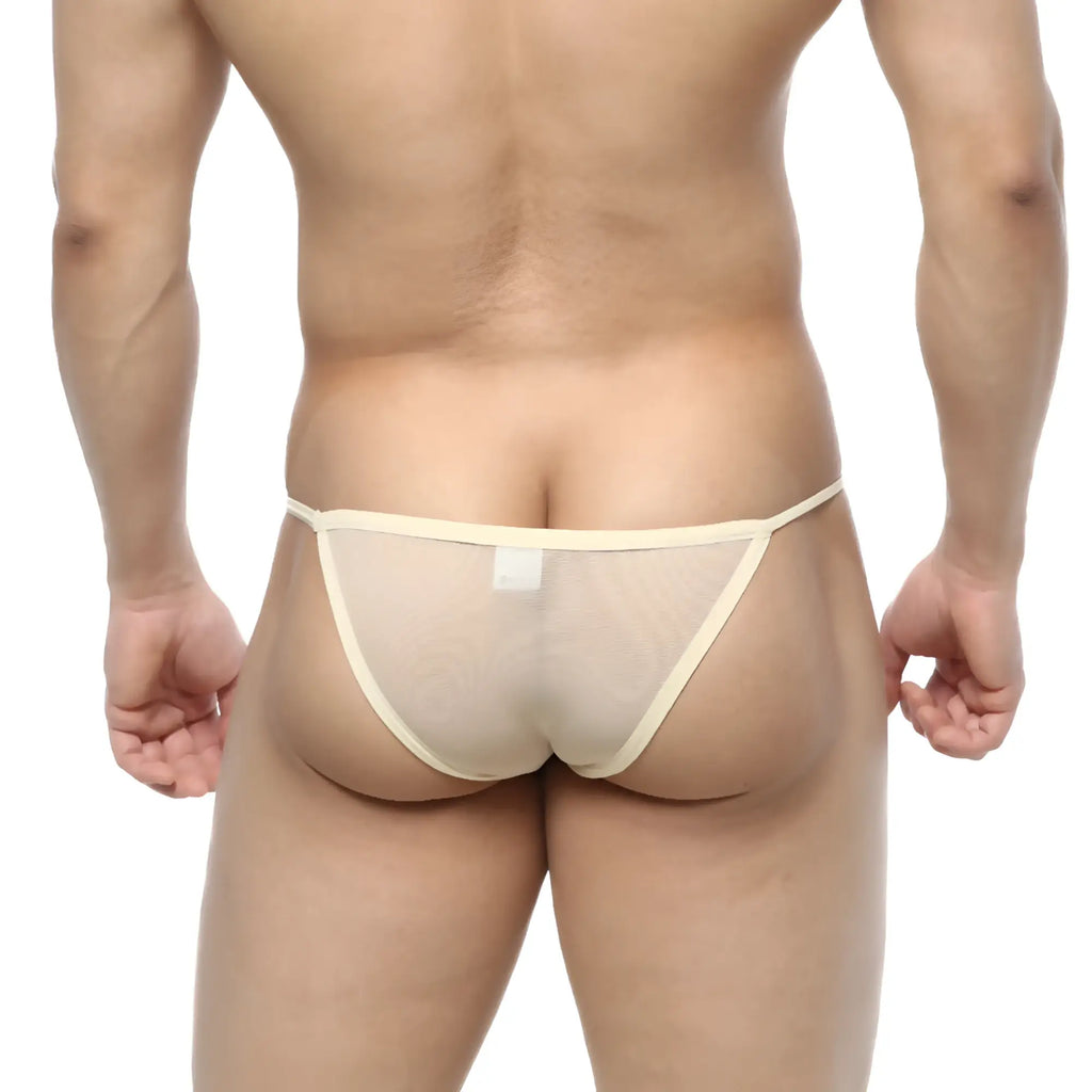 Beige sheer mesh thong with thin elastic waistband from metromalewear string bikini nude 2005-76 product line