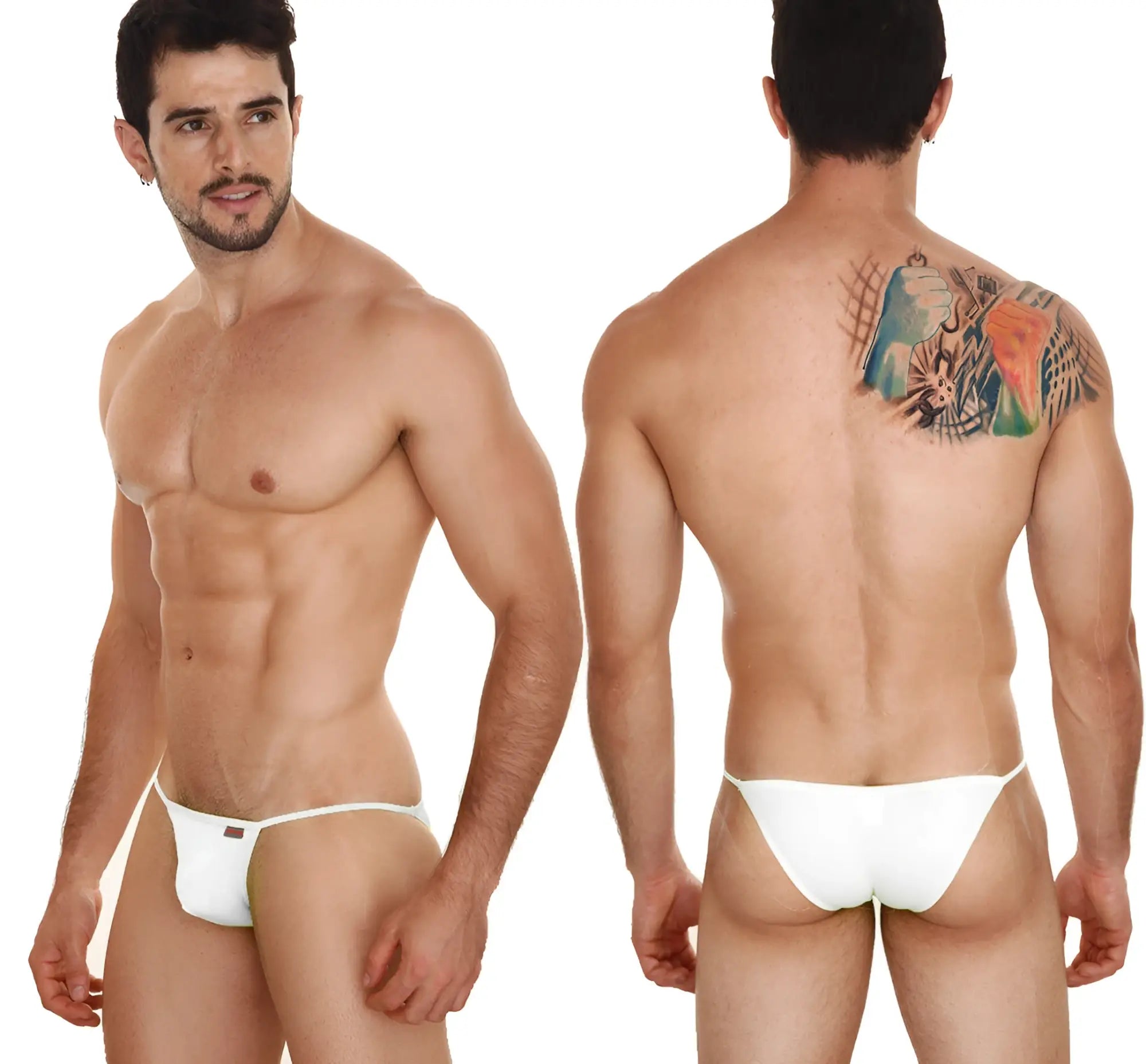 White thong briefs metro male wear string bikini with small black logo on left hipband in white 2005-00