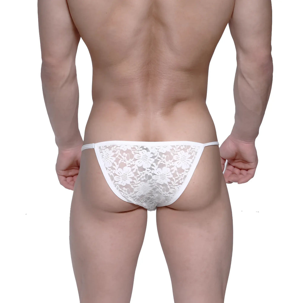 White lace thong string bikini with floral pattern and thin straps from MetroMaleWear model 2005-70