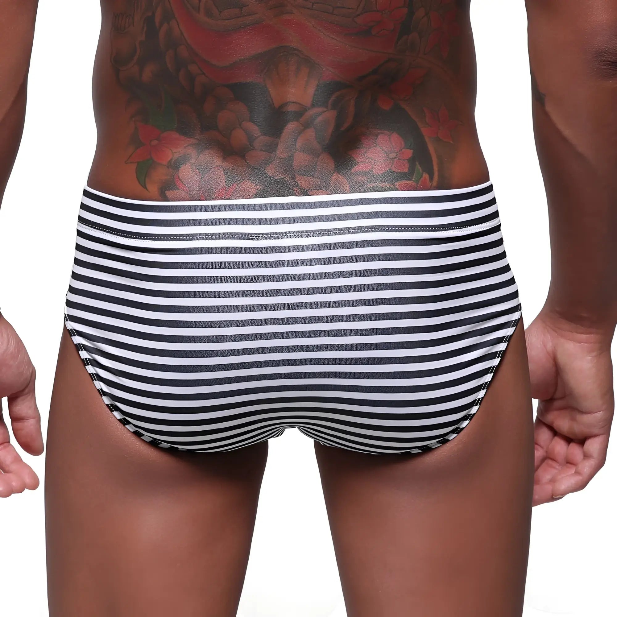 MetroMaleWear stripe swim brief white 4928-02 black and white striped snug fit men’s swim trunks front view
