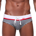 MetroMaleWear stripe swim brief white 4928-02 black and white striped trunks with red accent and white drawstring waistband