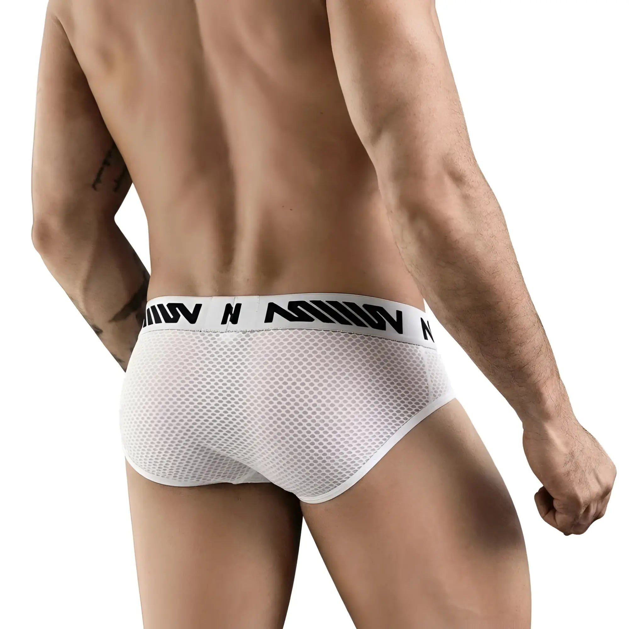 MetroMaleWear Suena brief white mesh fabric with a black logo band for breathable everyday comfort