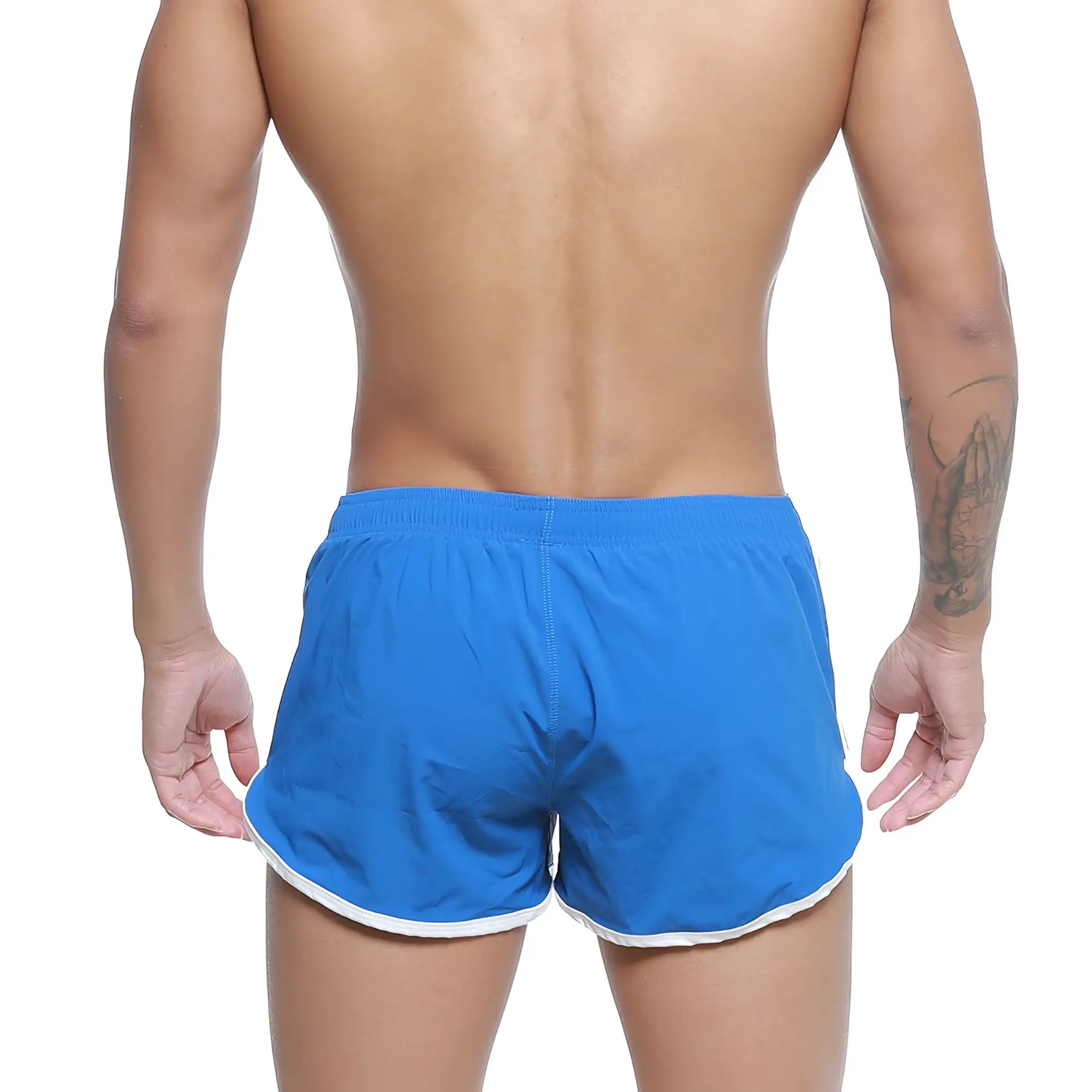 MetroMaleWear summer swim shorts royal blue bright blue with white trim along hem and waistband for athletic use