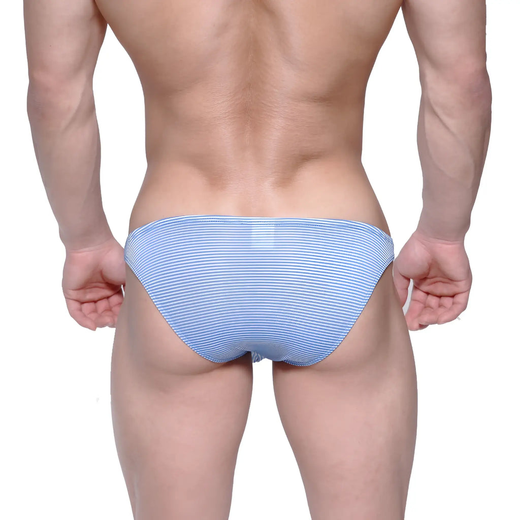 Light blue and white striped metro male wear sunbathing bikini briefs designed for comfort and style