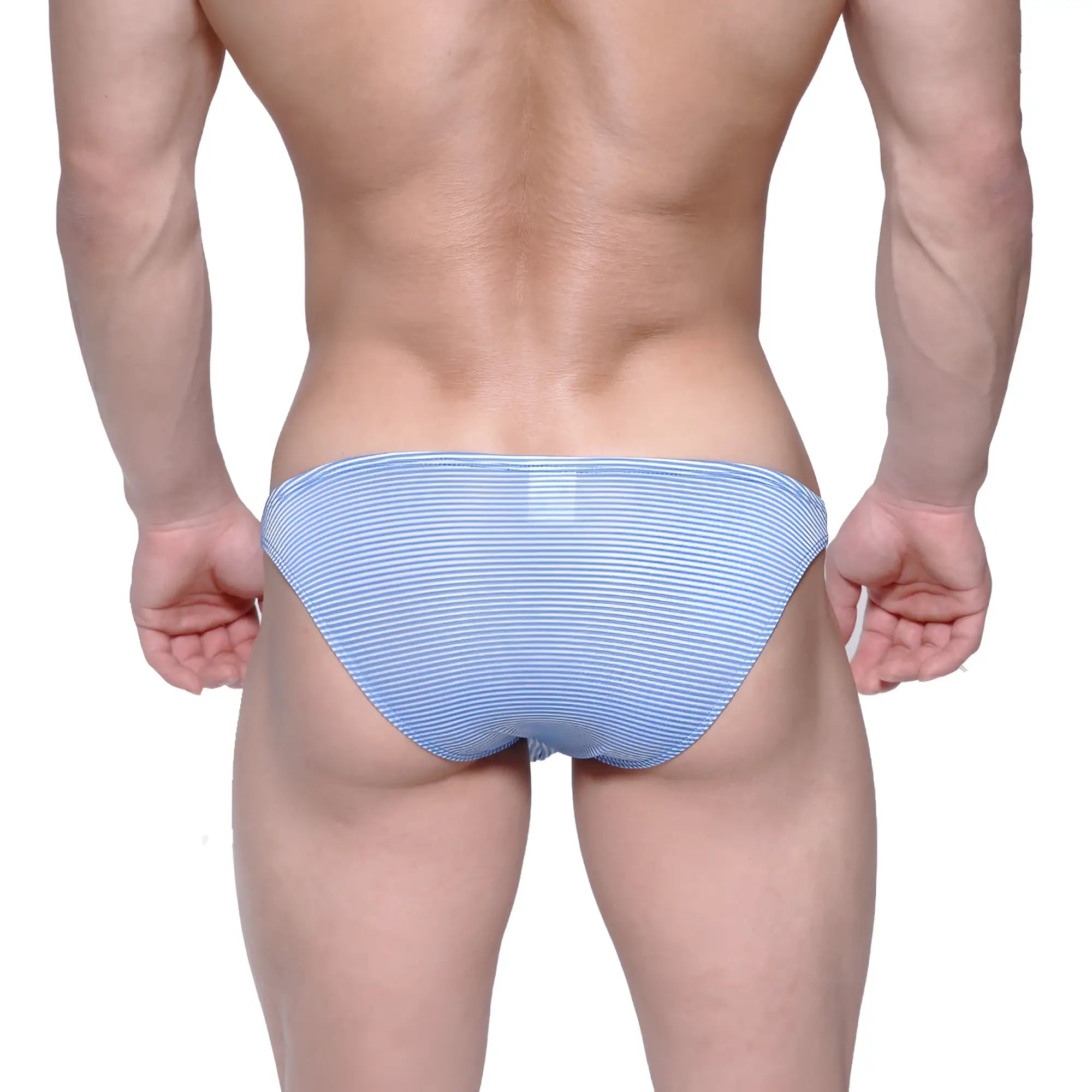 Light blue and white striped metro male wear sunbathing bikini briefs designed for comfort and style
