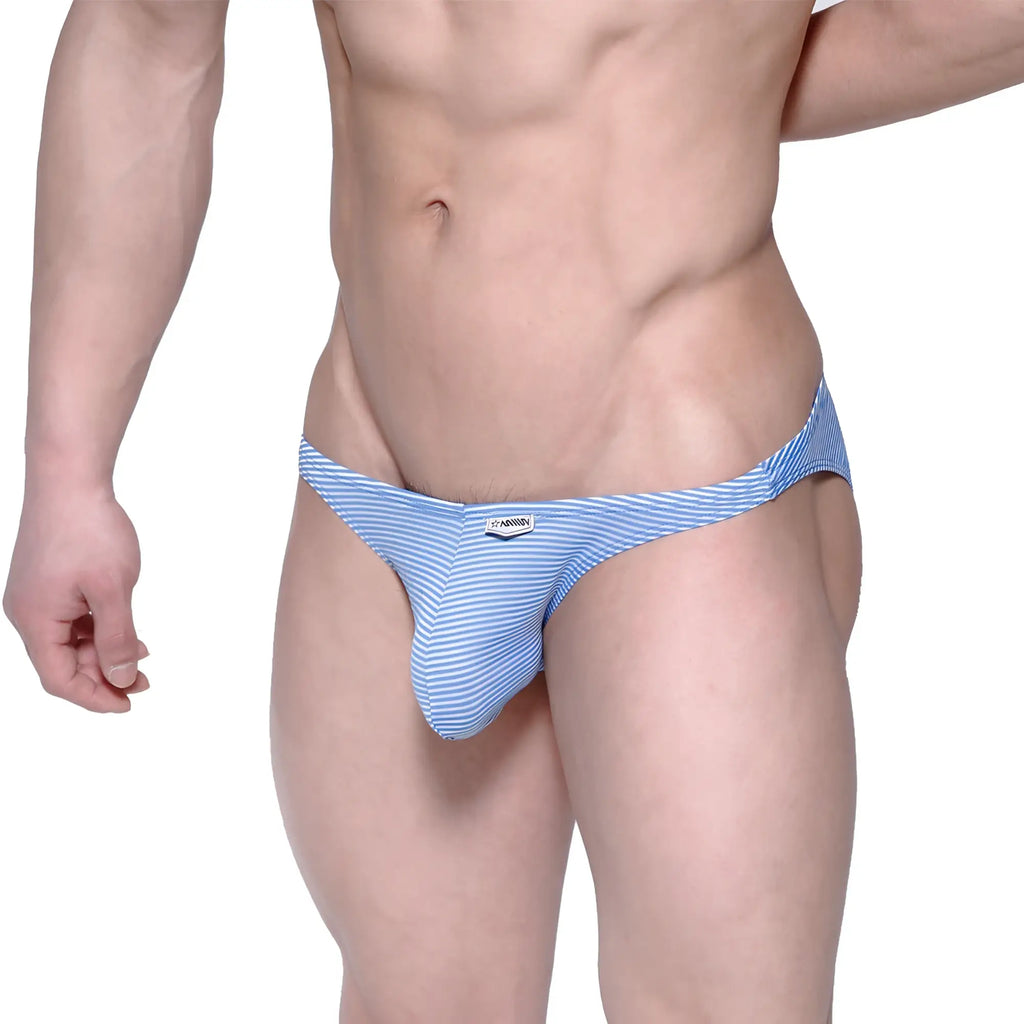 Blue and white striped metro male wear sunbathing bikini briefs with a snug form fitting design for men