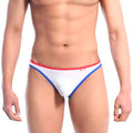 White men’s briefs with red and blue trim in metro male wear sunbathing bikini italic white 2004-50 design