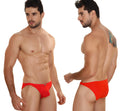 Vibrant red MetroMaleWear sunbathing bikini briefs with sleek form-fitting design and subtle waistband logo