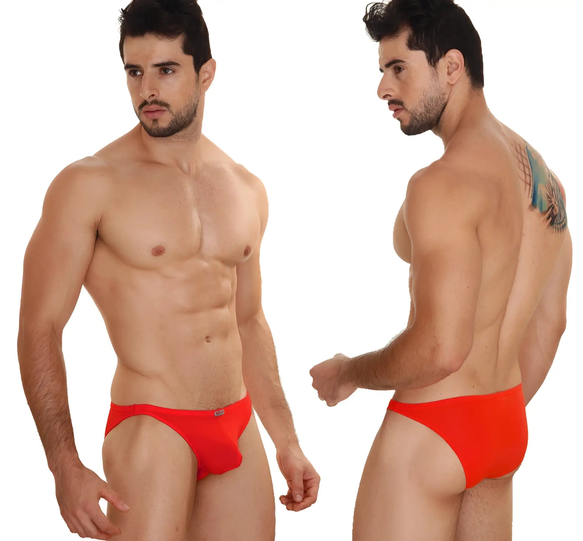 Vibrant red MetroMaleWear sunbathing bikini briefs with sleek form-fitting design and subtle waistband logo