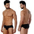 Black MetroMaleWear sunbathing briefs with a subtle white logo on the waistband designed for comfortable swimwear use