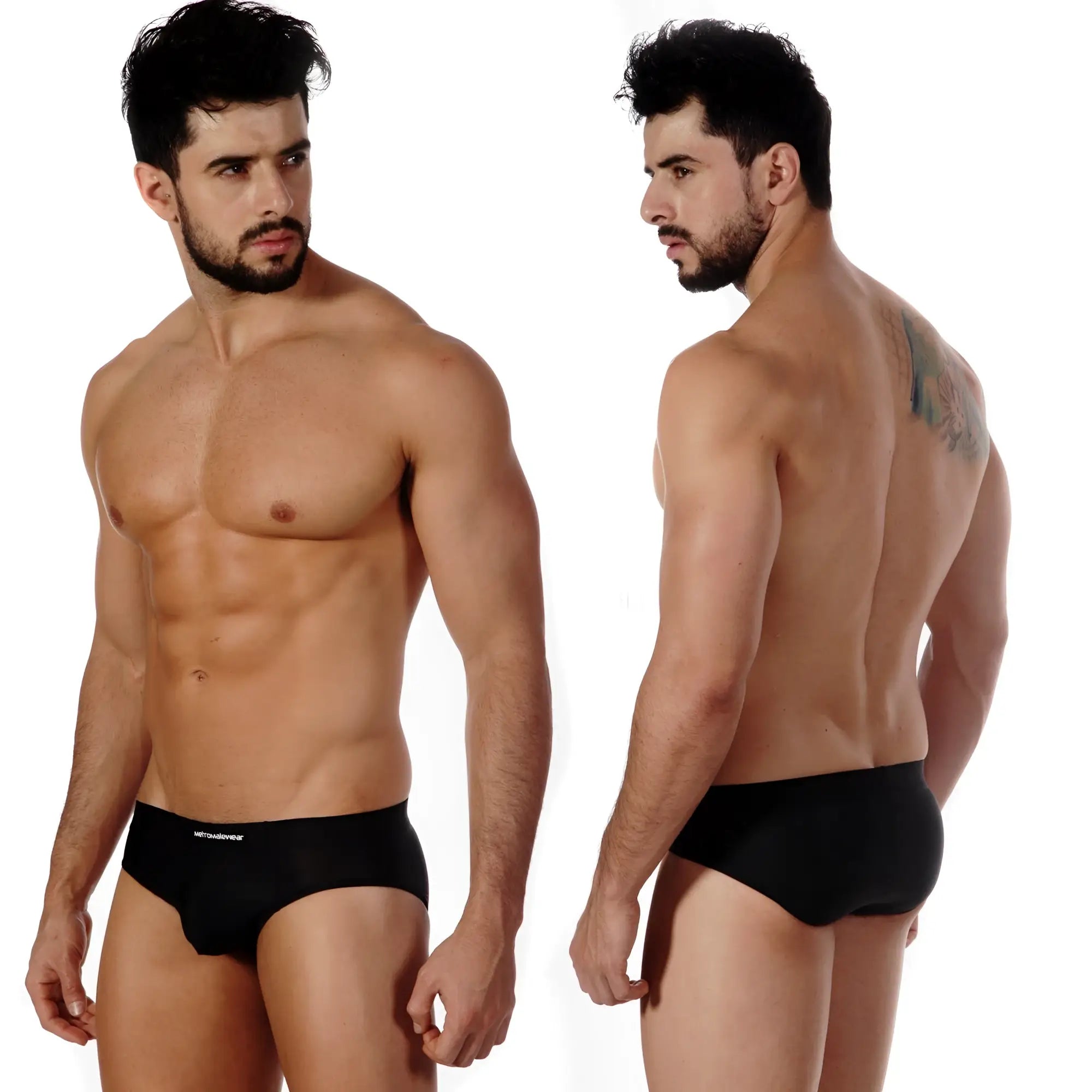Black MetroMaleWear sunbathing briefs with a subtle white logo on the waistband designed for comfortable swimwear use