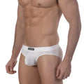 White sheer men’s briefs with black MetroMaleWear brand label on the waistband for sunbathing use