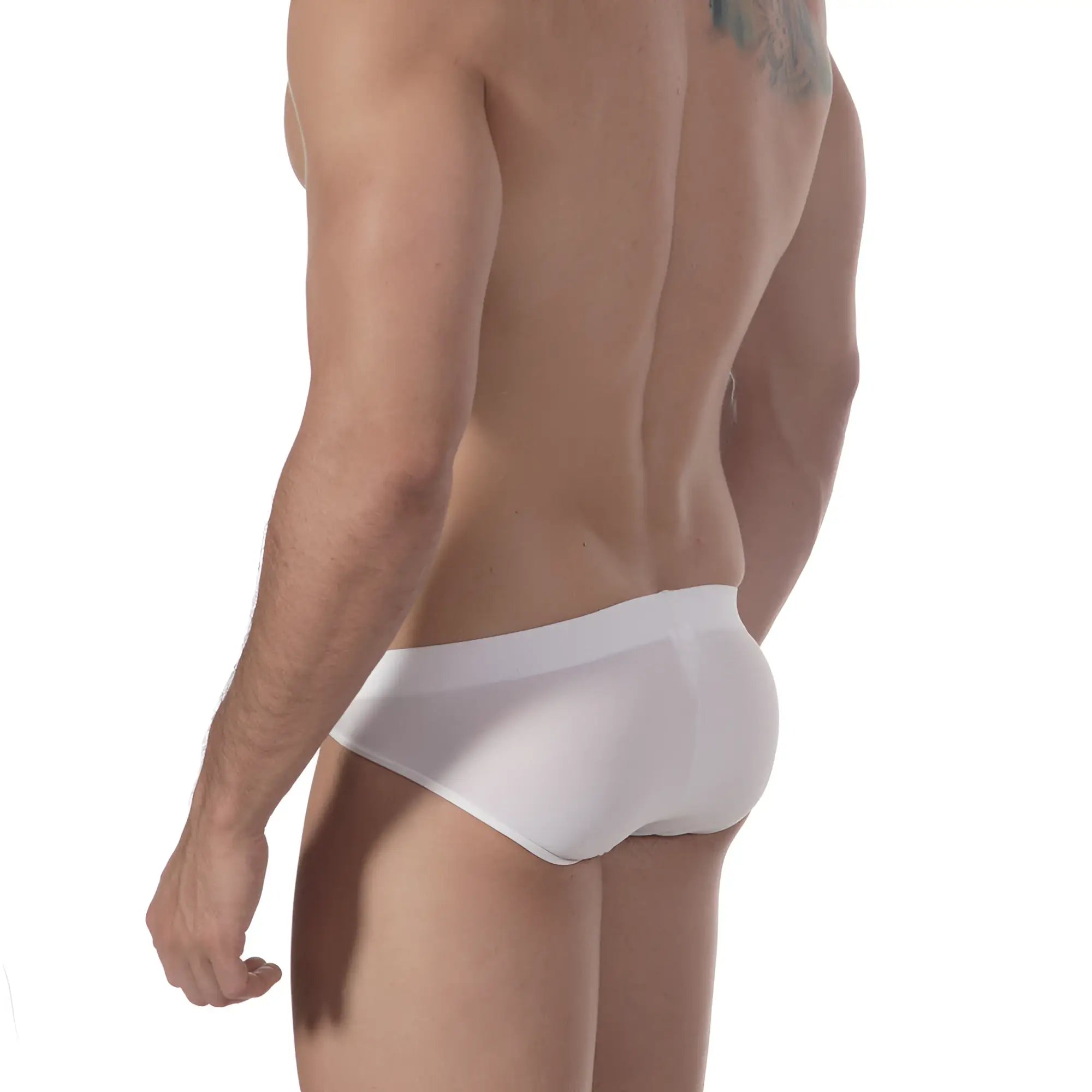 White metro male wear sunbathing brief with smooth form-fitting design for comfortable summer wear