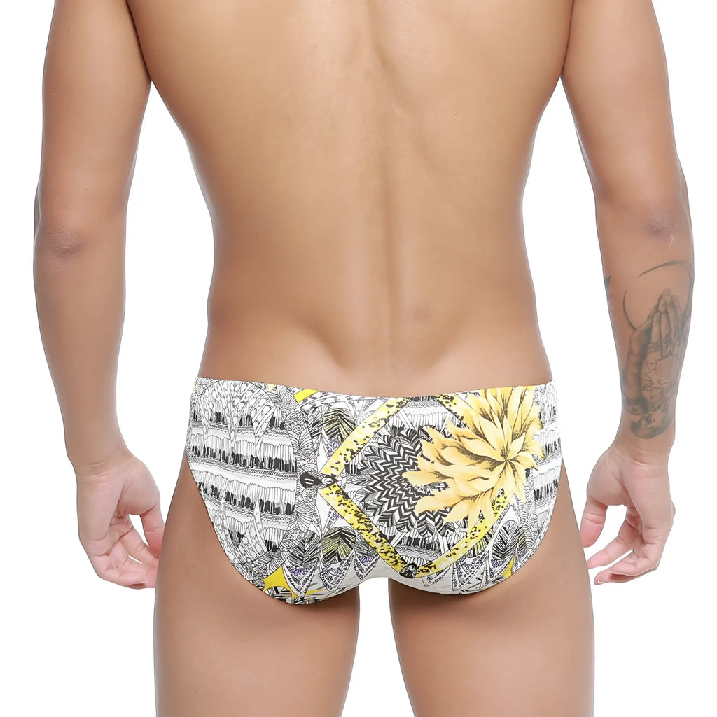 MetroMaleWear sunflower bikini 5103-59 vibrant yellow and black swim trunks with bold floral pattern for men
