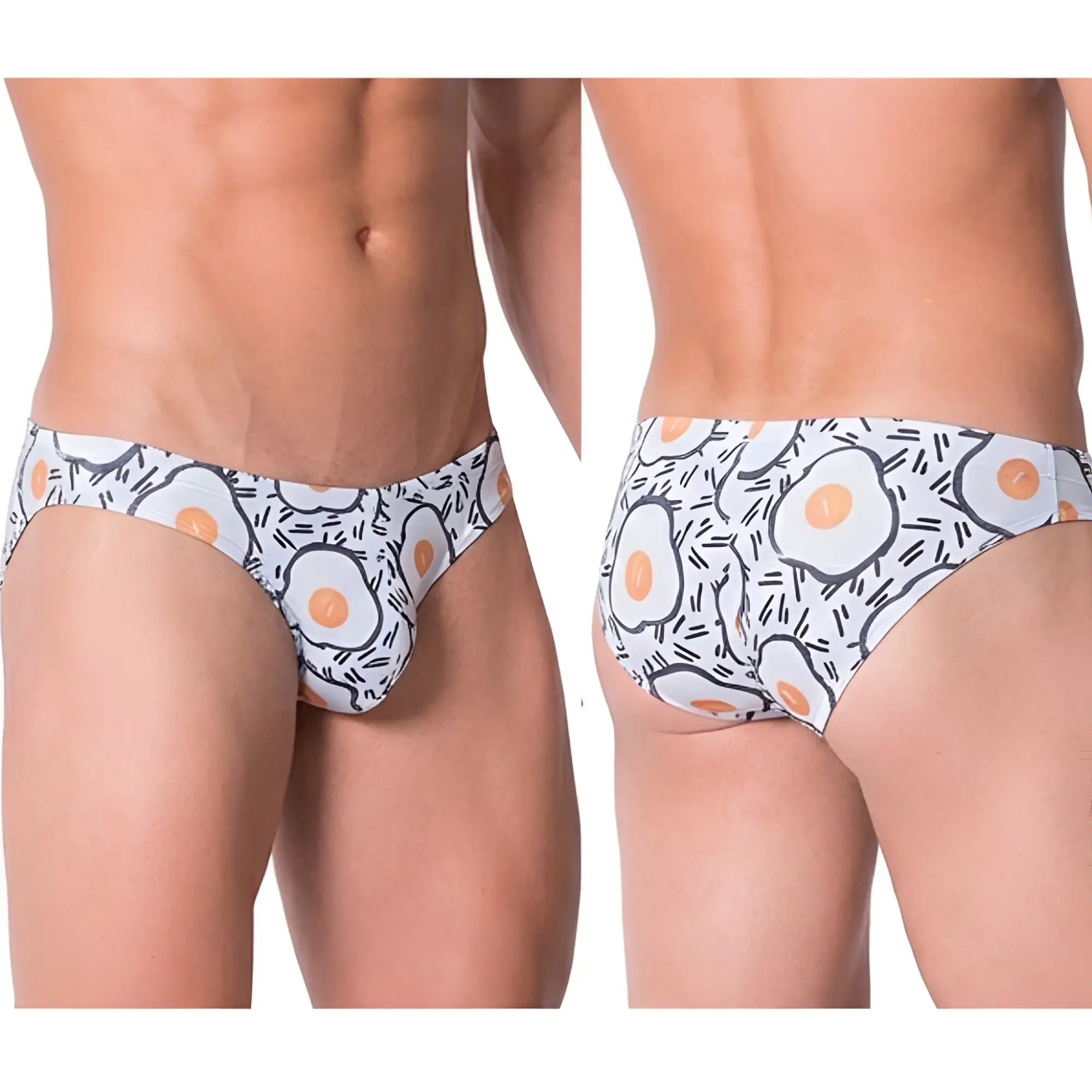 White briefs by metromalewear featuring a playful fried egg pattern with black outlines and orange yolks sunny side bikini 6103-55