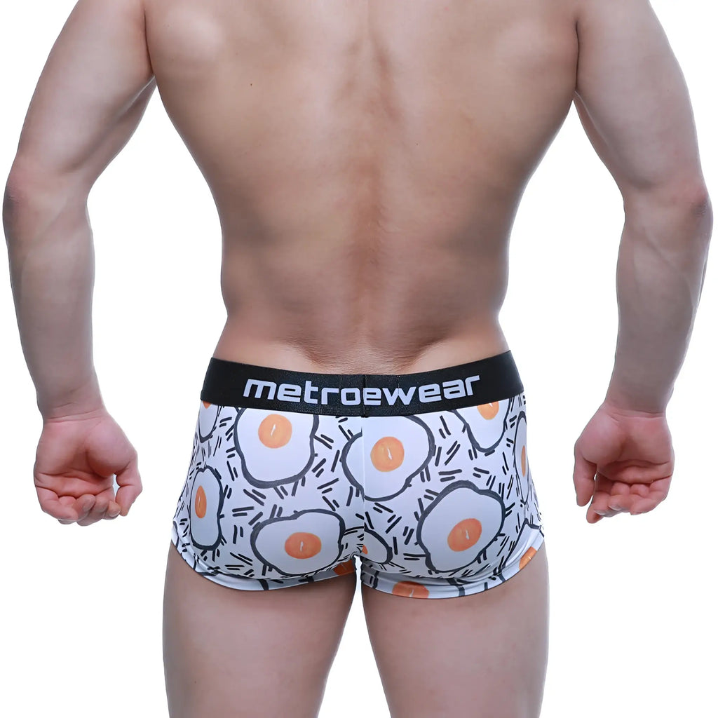 White boxer briefs with cartoon fried egg pattern and black waistband branded metroewear metro male wear sunny side short boxer