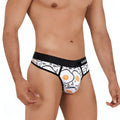 White briefs metro malewear sunny side thong 5012-41 with black waistband and orange black cartoon fried egg pattern