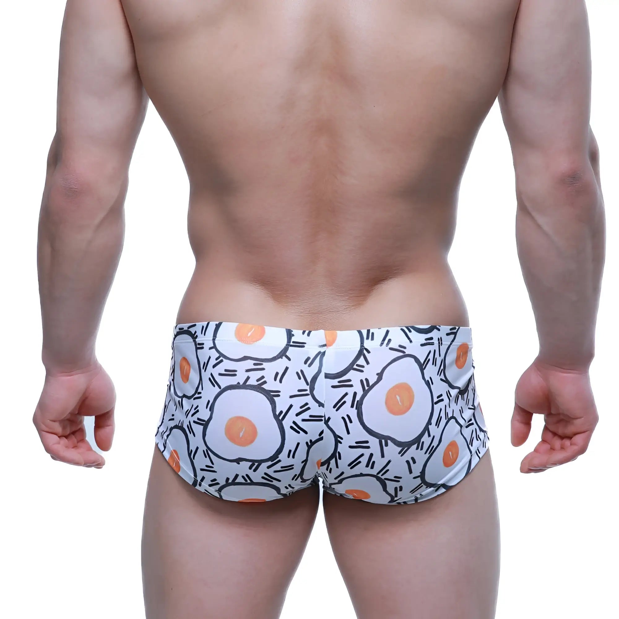 MetroMaleWear sunny side trunk 2125-55 white swim trunks with playful cartoon fried egg pattern and black accents