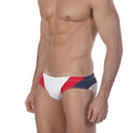 MetroMaleWear Sunrise Bikini white 4919-00 swim trunks with red white and navy blue stripes and geometric design
