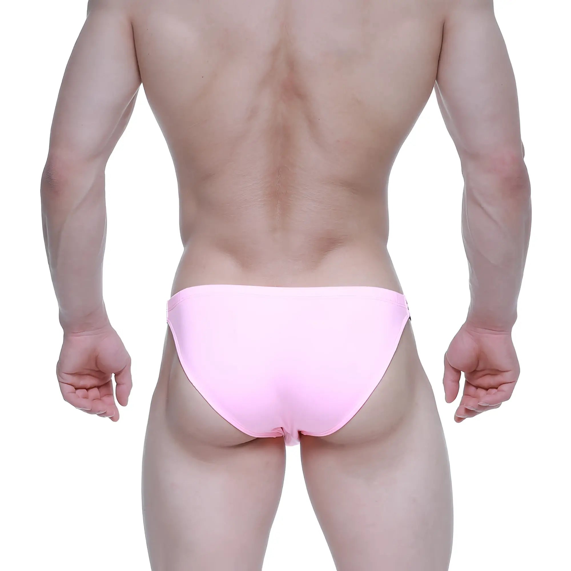 A sleek solid pink metroMaleWear SUP bikini baby pink brief with smooth form-fitting design