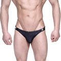 Black sleek form-fitting briefs with subtle white logo on waistband metro male wear sup bikini 3604-20 front view